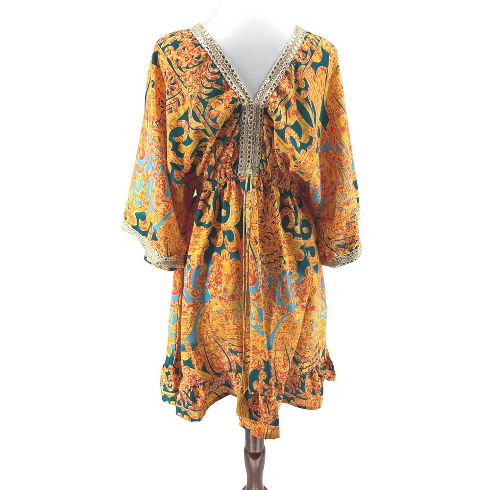 Nazila Couture Silk Viscose Resortwear Dress Yellow Teal Mirror Trim Mini OS